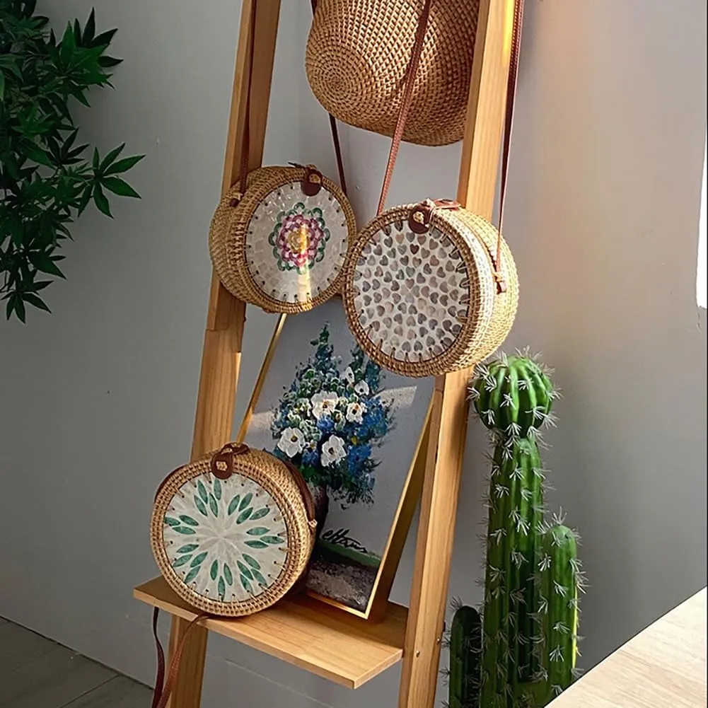 Handmade Round Circle Shaped Rattan Woven Purse for Women, Summer Beach Ata Wicker Basket Straw Brown Hobo Bag Chic Tote
