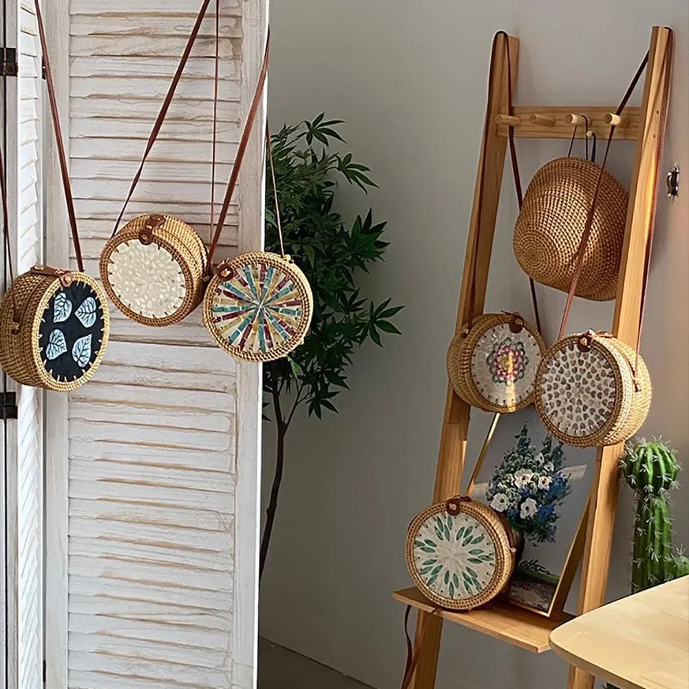 Handmade Round Circle Shaped Rattan Woven Purse for Women, Summer Beach Ata Wicker Basket Straw Brown Hobo Bag Chic Tote