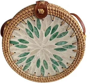 Handmade Round Circle Shaped Rattan Woven Purse for Women, Summer Beach Ata Wicker Basket Straw Brown Hobo Bag Chic Tote