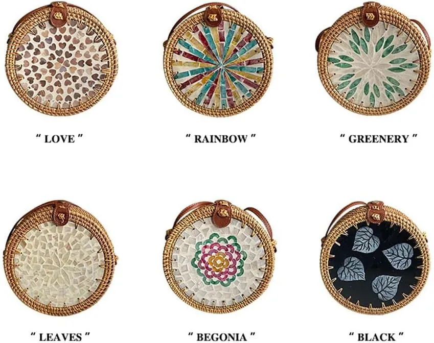 Handmade Round Circle Shaped Rattan Woven Purse for Women, Summer Beach Ata Wicker Basket Straw Brown Hobo Bag Chic Tote