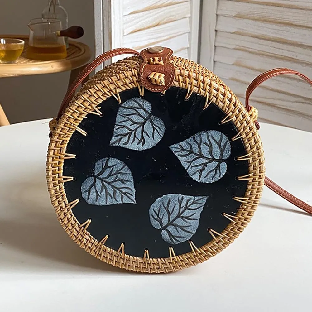 Handmade Round Circle Shaped Rattan Woven Purse for Women, Summer Beach Ata Wicker Basket Straw Brown Hobo Bag Chic Tote