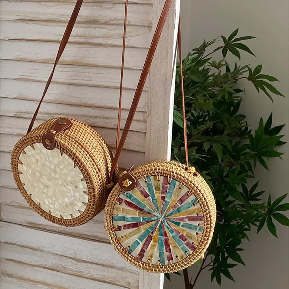 Handmade Round Circle Shaped Rattan Woven Purse for Women, Summer Beach Ata Wicker Basket Straw Brown Hobo Bag Chic Tote