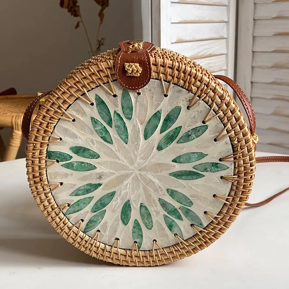 Handmade Round Circle Shaped Rattan Woven Purse for Women, Summer Beach Ata Wicker Basket Straw Brown Hobo Bag Chic Tote