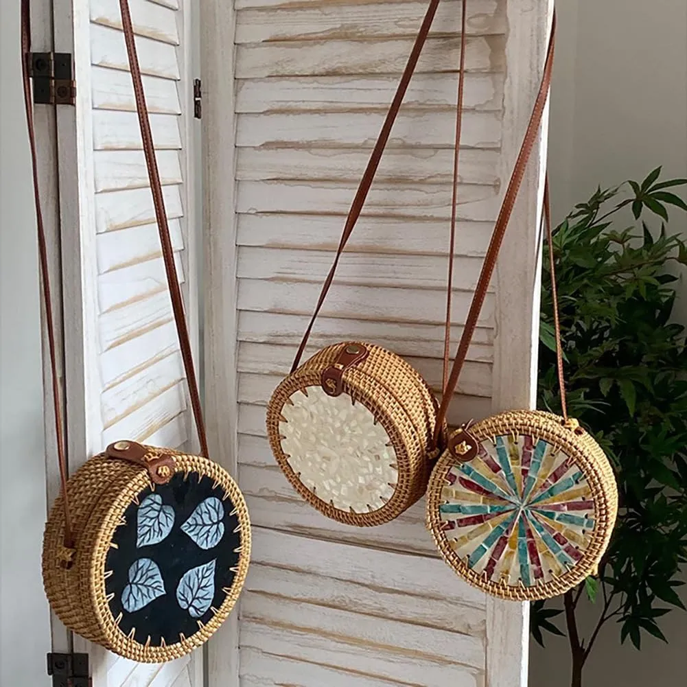 Handmade Round Circle Shaped Rattan Woven Purse for Women, Summer Beach Ata Wicker Basket Straw Brown Hobo Bag Chic Tote