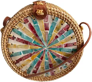Handmade Round Circle Shaped Rattan Woven Purse for Women, Summer Beach Ata Wicker Basket Straw Brown Hobo Bag Chic Tote