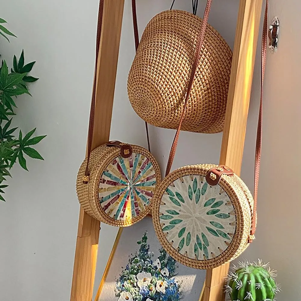 Handmade Round Circle Shaped Rattan Woven Purse for Women, Summer Beach Ata Wicker Basket Straw Brown Hobo Bag Chic Tote