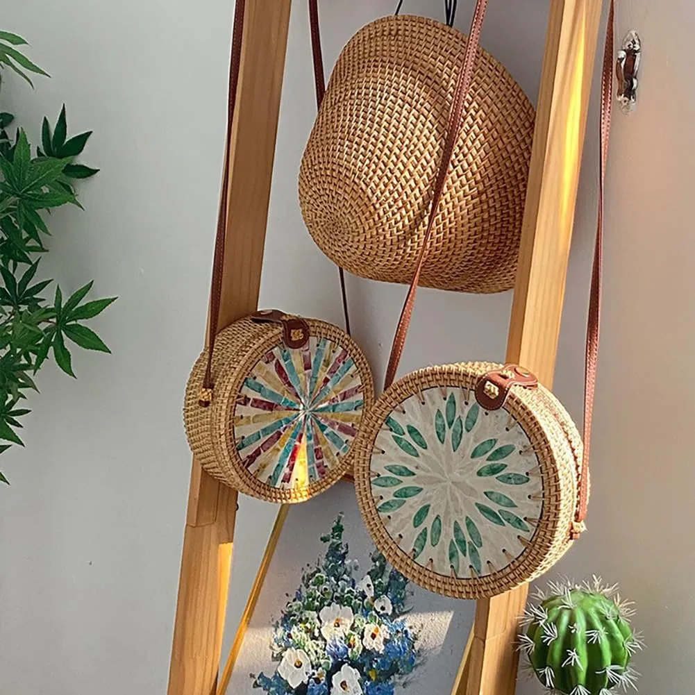 Handmade Round Circle Shaped Rattan Woven Purse for Women, Summer Beach Ata Wicker Basket Straw Brown Hobo Bag Chic Tote