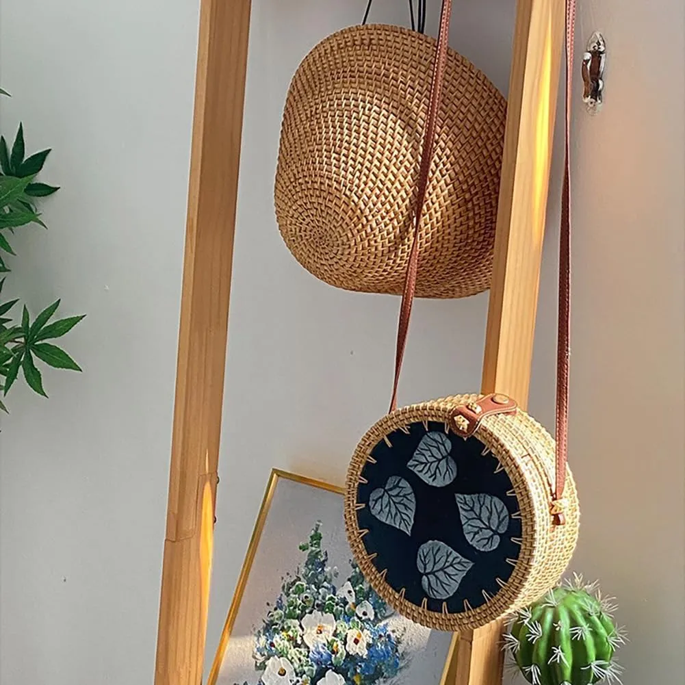 Handmade Round Circle Shaped Rattan Woven Purse for Women, Summer Beach Ata Wicker Basket Straw Brown Hobo Bag Chic Tote