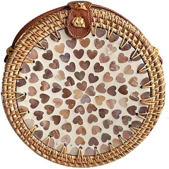 Handmade Round Circle Shaped Rattan Woven Purse for Women, Summer Beach Ata Wicker Basket Straw Brown Hobo Bag Chic Tote