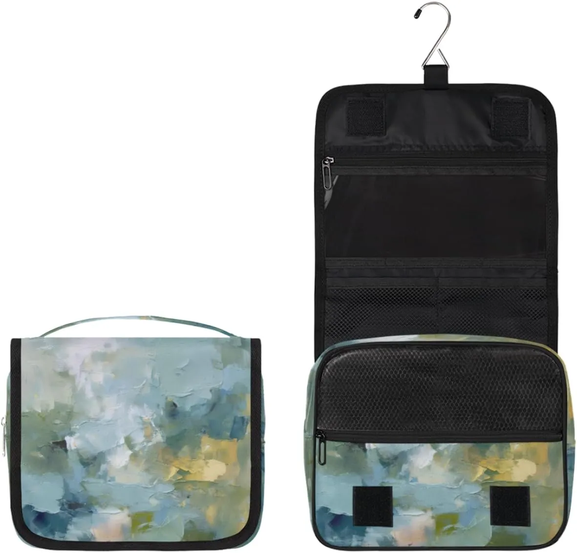 Hanging Toiletry Bag for Women & Men Small Travel Makeup Skincare Necessaire Organizer Kit Cosmetic Bags Waterproof Shower Pouch Expandable Compartments Abstract Light Blue Olive Green