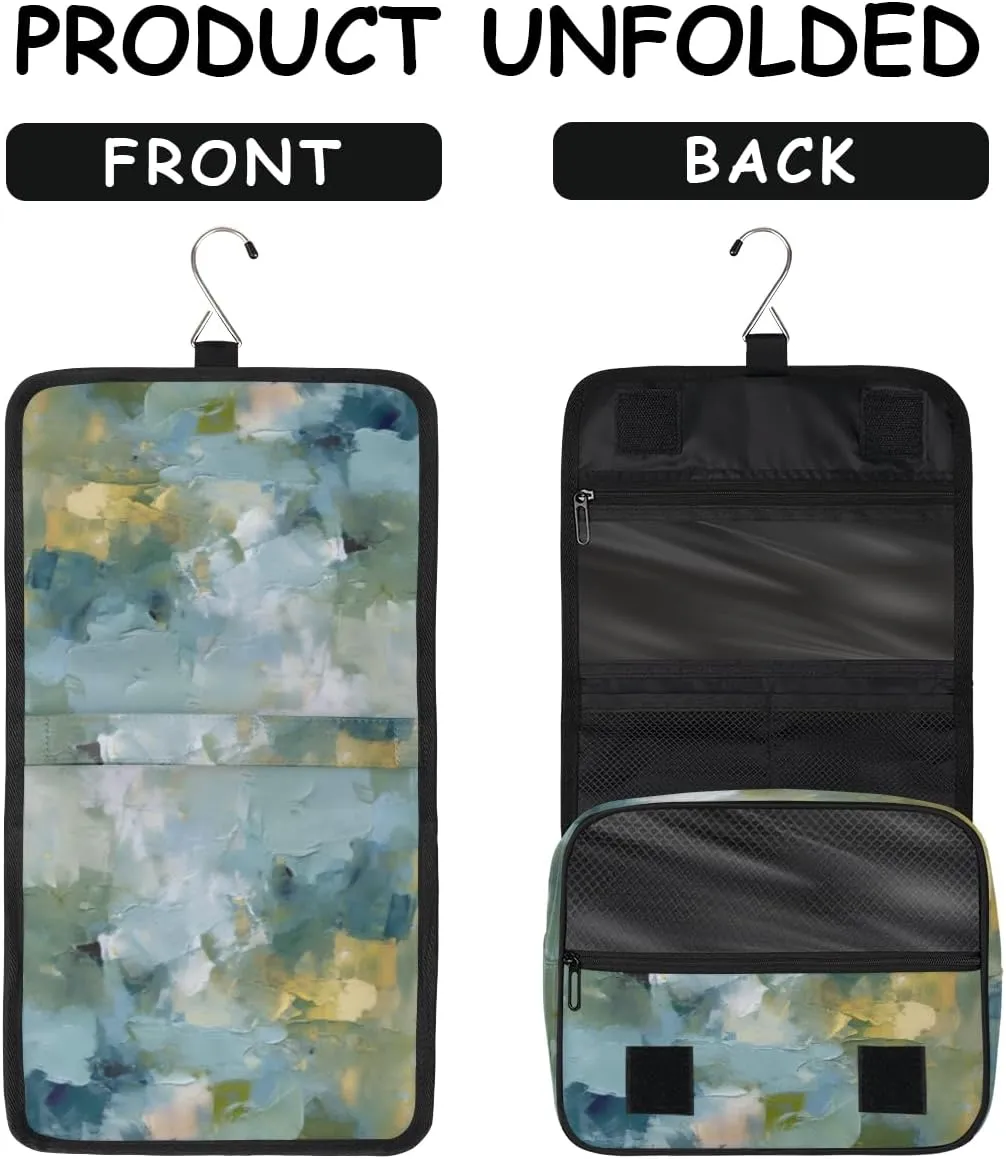 Hanging Toiletry Bag for Women & Men Small Travel Makeup Skincare Necessaire Organizer Kit Cosmetic Bags Waterproof Shower Pouch Expandable Compartments Abstract Light Blue Olive Green