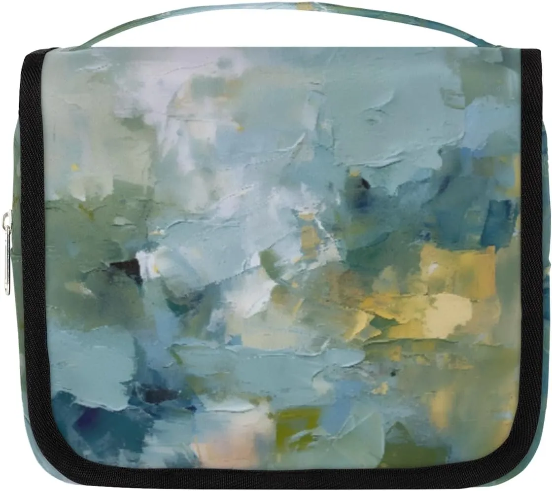 Hanging Toiletry Bag for Women & Men Small Travel Makeup Skincare Necessaire Organizer Kit Cosmetic Bags Waterproof Shower Pouch Expandable Compartments Abstract Light Blue Olive Green