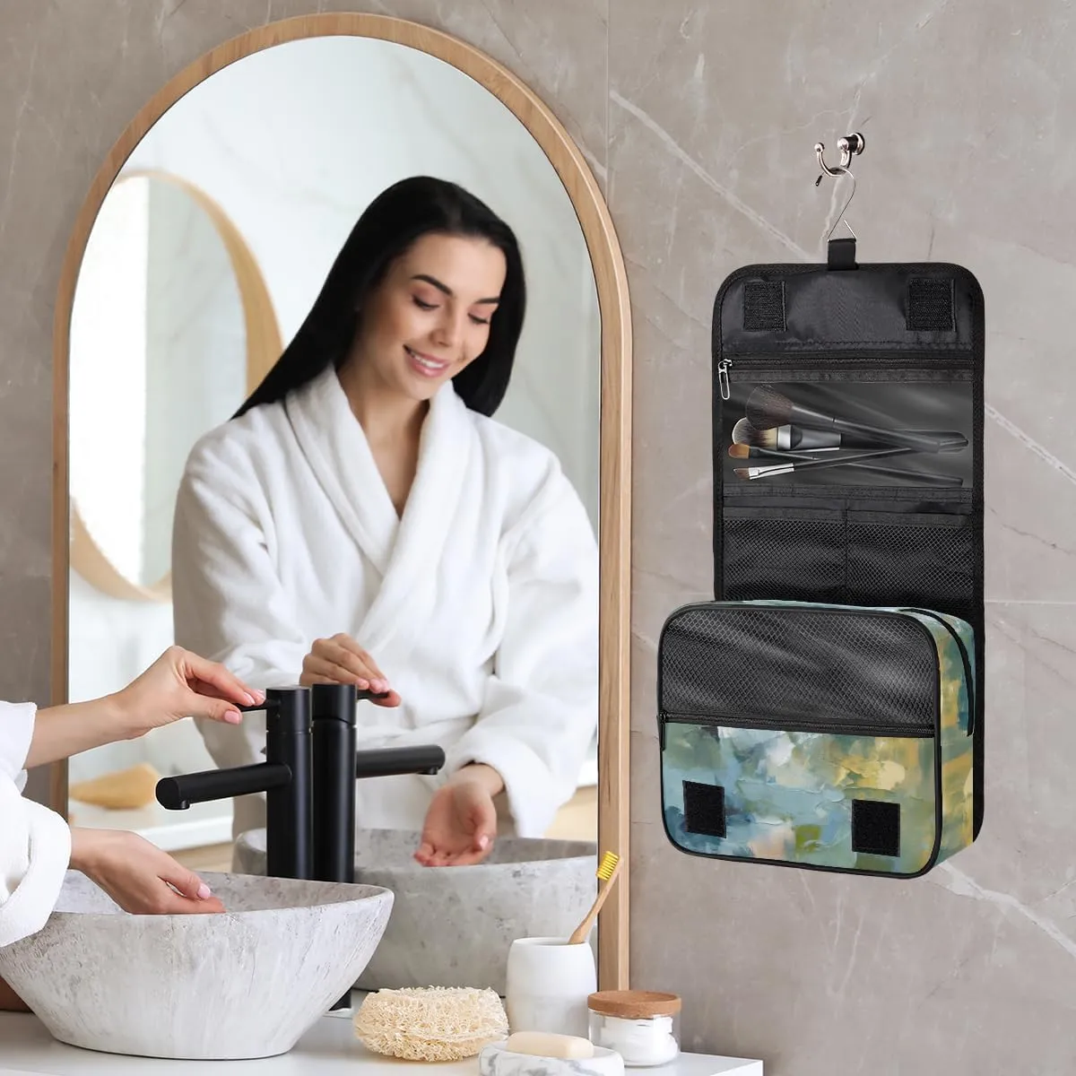 Hanging Toiletry Bag for Women & Men Small Travel Makeup Skincare Necessaire Organizer Kit Cosmetic Bags Waterproof Shower Pouch Expandable Compartments Abstract Light Blue Olive Green
