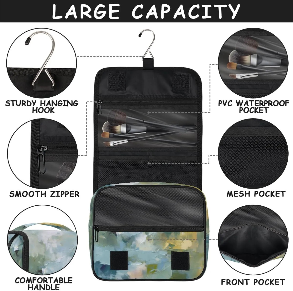 Hanging Toiletry Bag for Women & Men Small Travel Makeup Skincare Necessaire Organizer Kit Cosmetic Bags Waterproof Shower Pouch Expandable Compartments Abstract Light Blue Olive Green