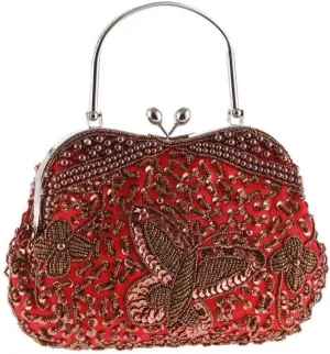 HUFFA Women Evening Party Bags Luxury Beads Clutch Handmade Vintage Elegant Phone Purse Banquet Wedding Dress Handbags (Color : Red)