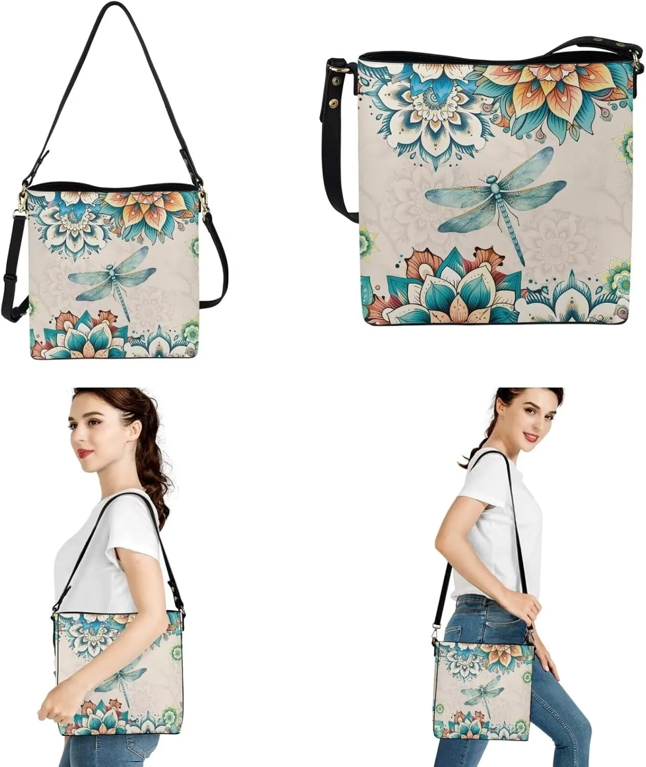 HUGS IDEA Hobo Bag for Women 2 Pack Bucket Bag Portable Car Key Bag Leather Handbag Crossbody Purse