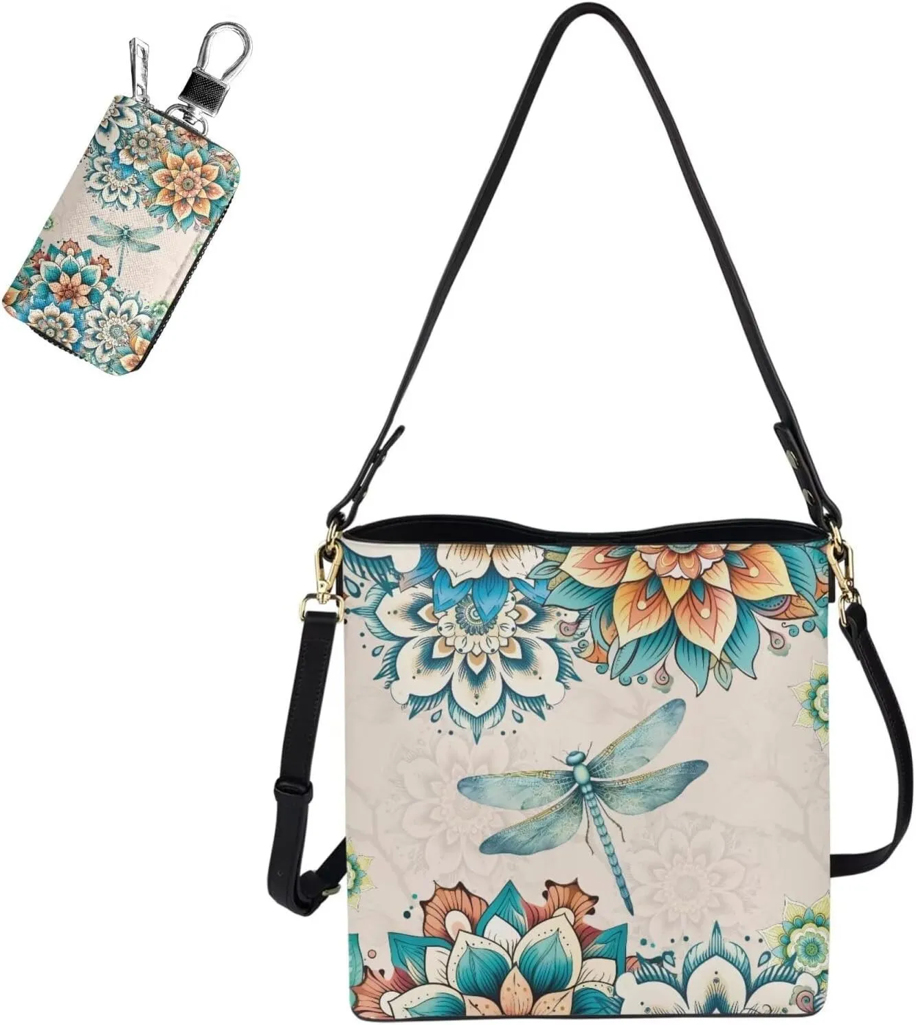 HUGS IDEA Hobo Bag for Women 2 Pack Bucket Bag Portable Car Key Bag Leather Handbag Crossbody Purse