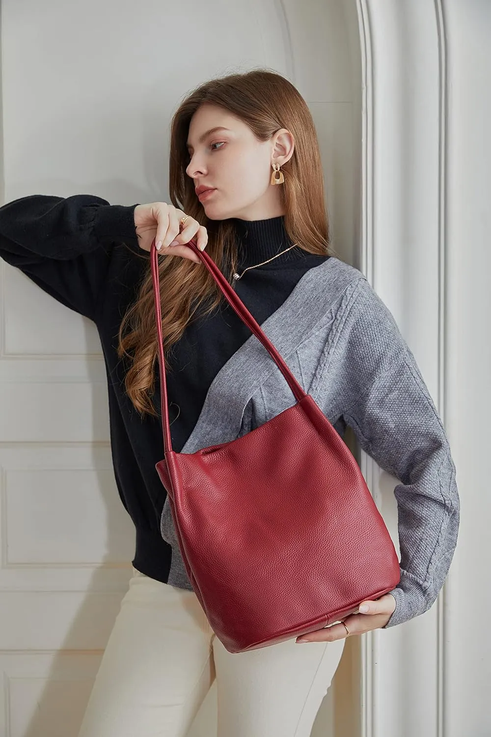 Iswee Genuine Leather Tote Bucket Bags Hobo Shoulder Bags Purse and Handbags for Women Trendy