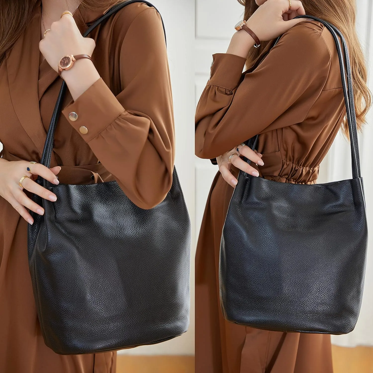 Iswee Genuine Leather Tote Bucket Bags Hobo Shoulder Bags Purse and Handbags for Women Trendy