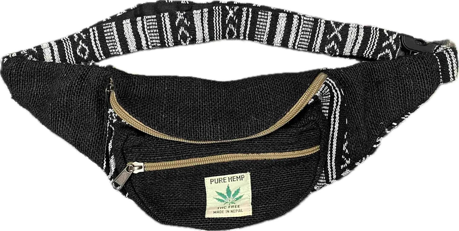 Karma Handicrafts Unisex Hippie Hemp Cotton Handmade Travel Hip Waist Belt Bag Crossbody Waist packs (Black)