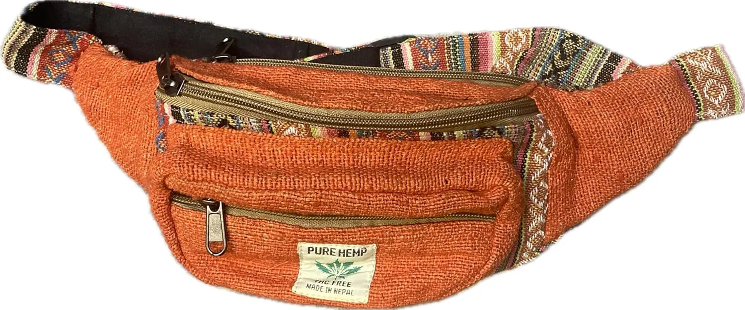 Karma Handicrafts Unisex Hippie Hemp Cotton Handmade Travel Hip Waist Belt Bag Crossbody Waist packs (Orange)
