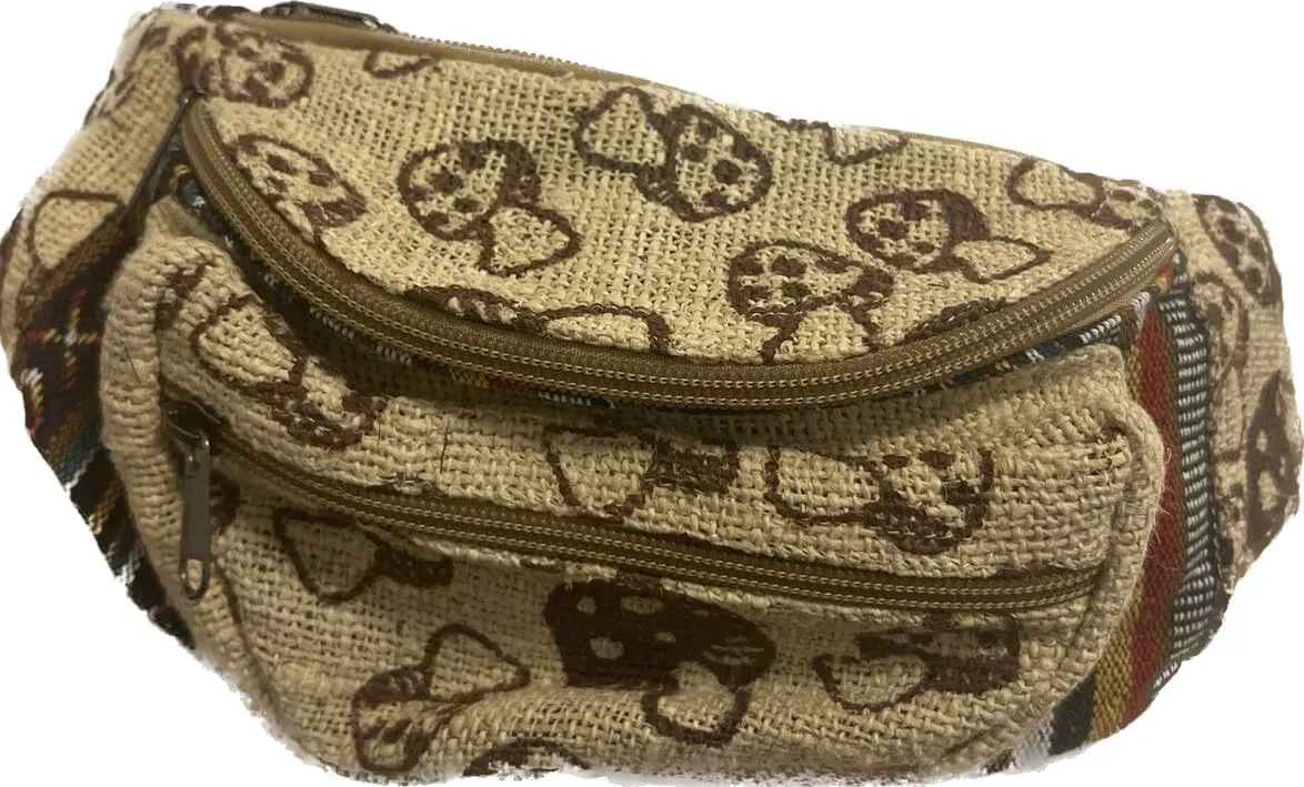 Karma Handicrafts Unisex Hippie Hemp Handmade Travel Hip Waist Belt Bag Crossbody Waist packs (Mushroom Print)