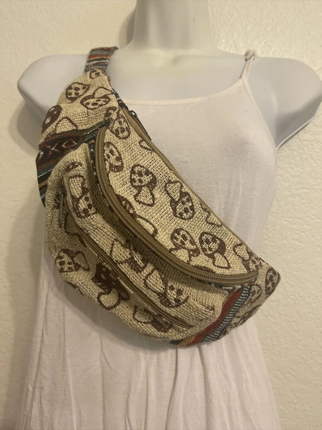 Karma Handicrafts Unisex Hippie Hemp Handmade Travel Hip Waist Belt Bag Crossbody Waist packs (Mushroom Print)