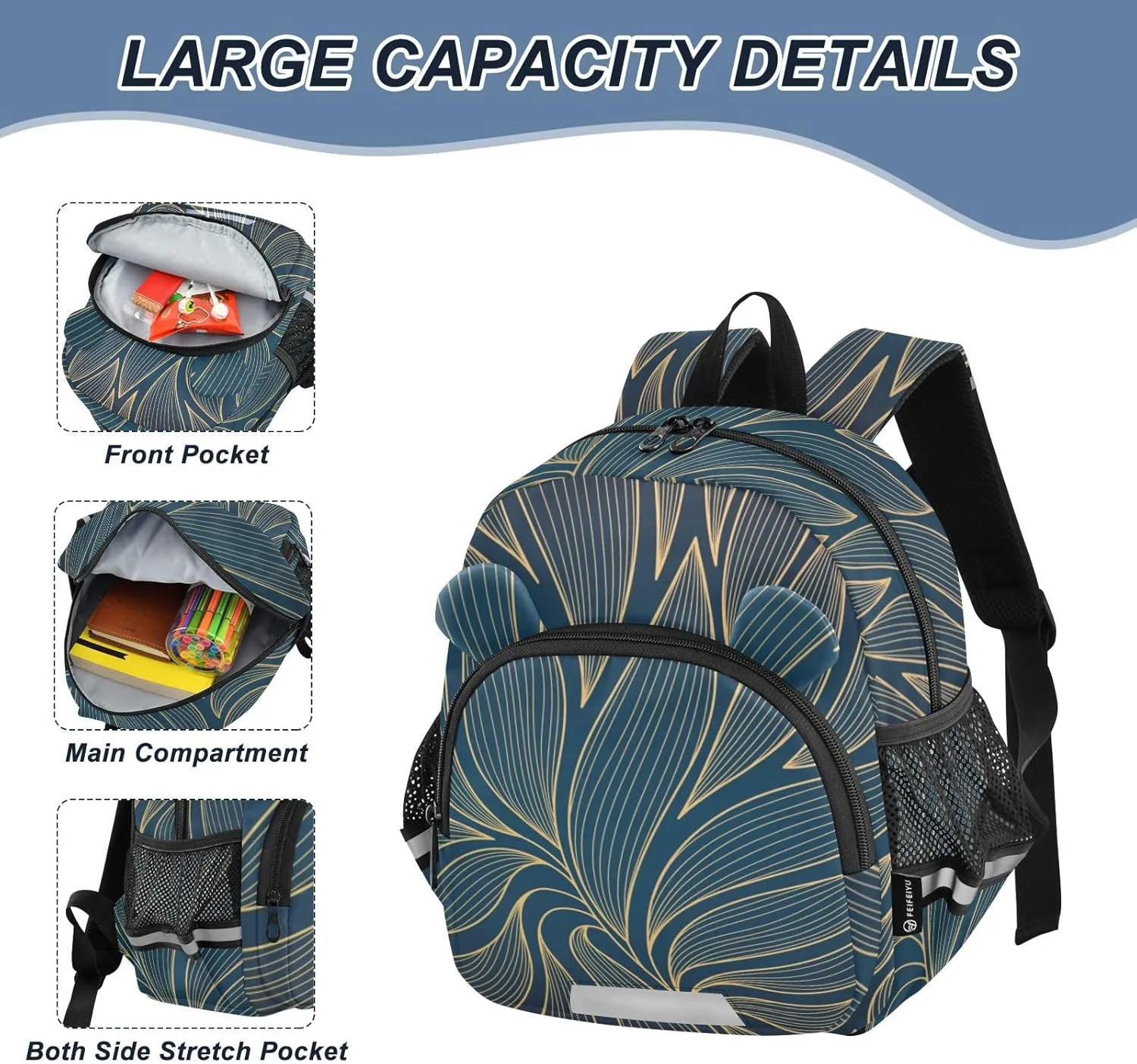Kids Backpack Golden Leaves Modern Stripes Toddler Bookbag, Mini Travel Bag for Baby Girl Boy 3-6 Years M