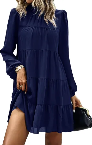 KIRUNDO Women Spring Long Sleeve Ruffle Mock Neck Tiered Mini Babydoll Dress 2025 Casual Summer Flowy Swing Tunic Shift Dress