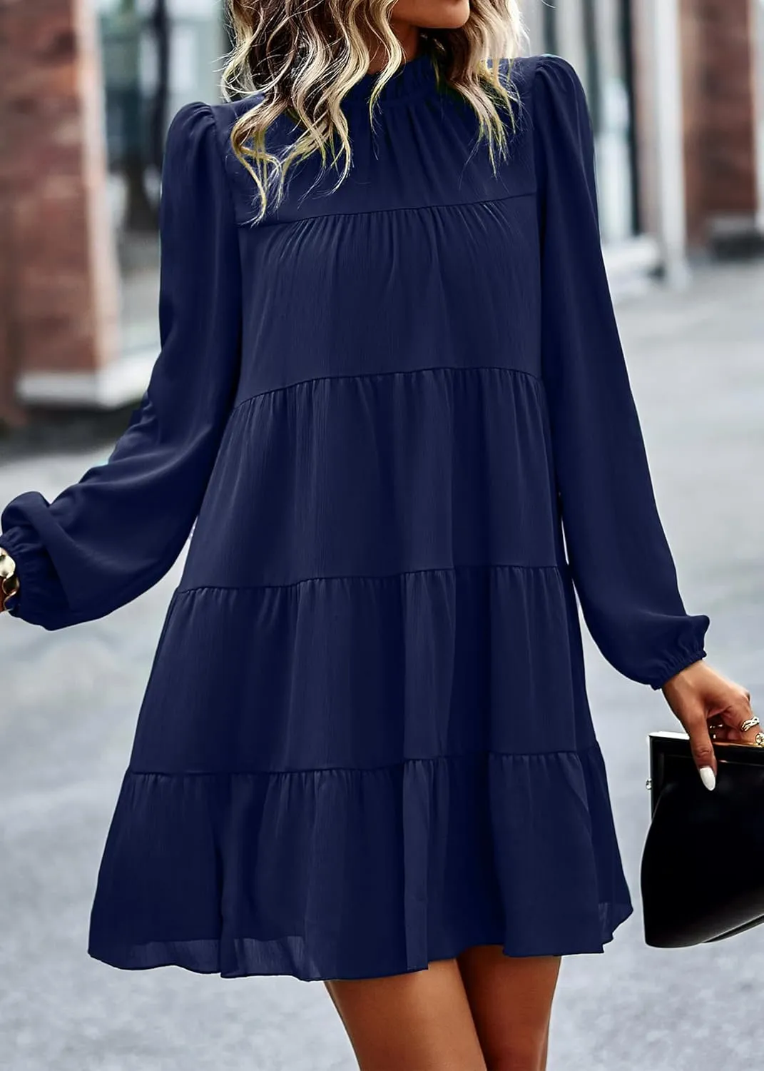 KIRUNDO Women Spring Long Sleeve Ruffle Mock Neck Tiered Mini Babydoll Dress 2025 Casual Summer Flowy Swing Tunic Shift Dress