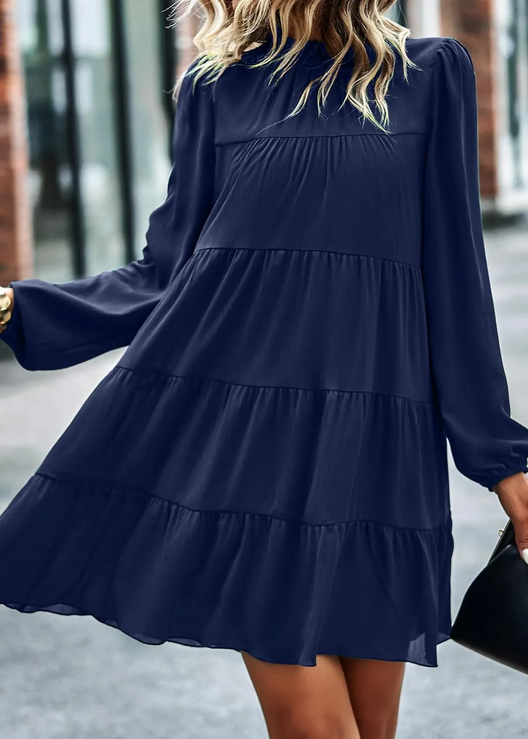 KIRUNDO Women Spring Long Sleeve Ruffle Mock Neck Tiered Mini Babydoll Dress 2025 Casual Summer Flowy Swing Tunic Shift Dress