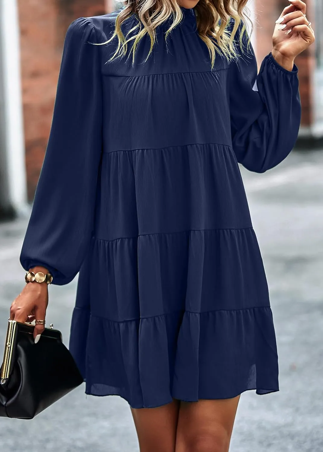 KIRUNDO Women Spring Long Sleeve Ruffle Mock Neck Tiered Mini Babydoll Dress 2025 Casual Summer Flowy Swing Tunic Shift Dress