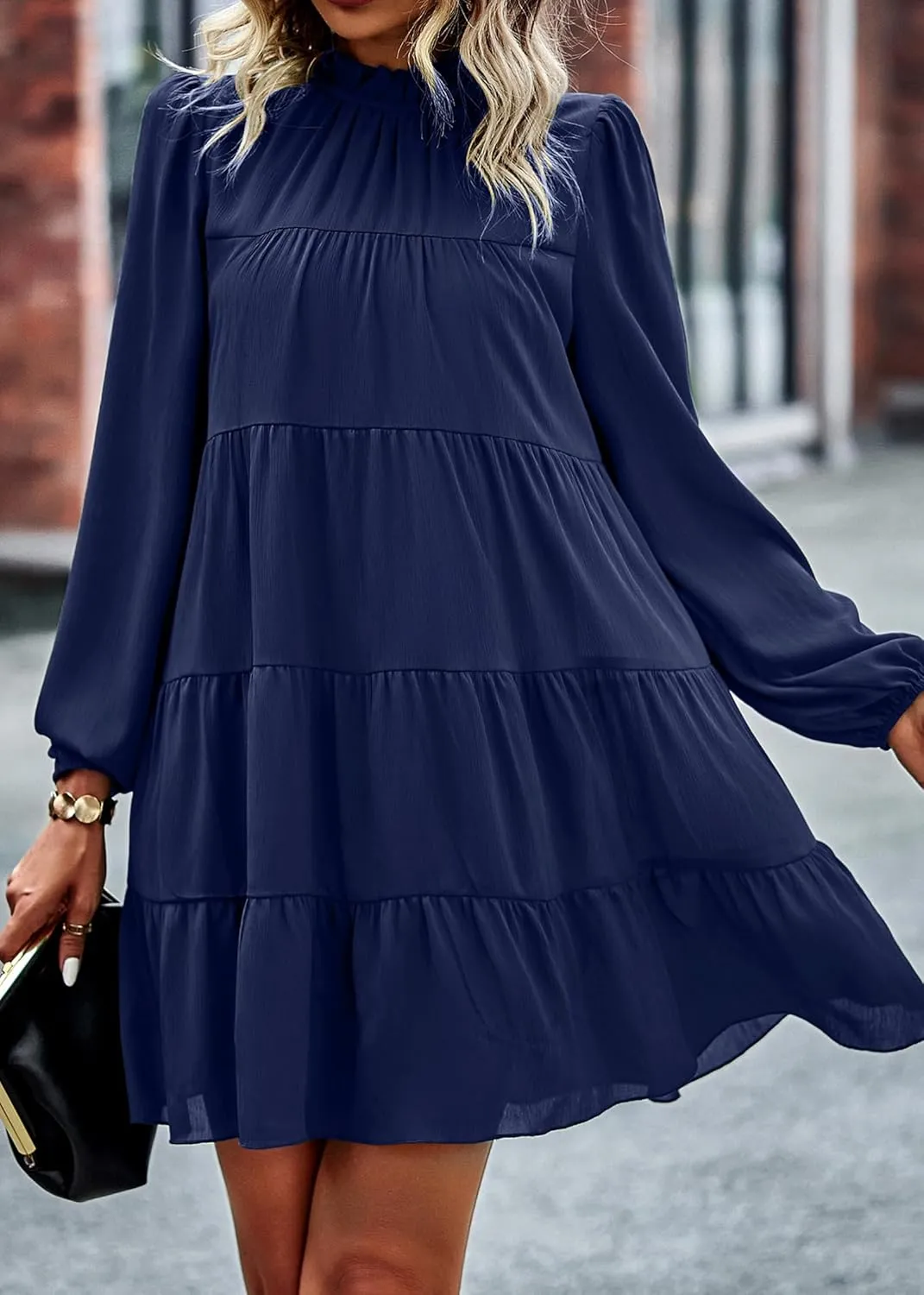 KIRUNDO Women Spring Long Sleeve Ruffle Mock Neck Tiered Mini Babydoll Dress 2025 Casual Summer Flowy Swing Tunic Shift Dress