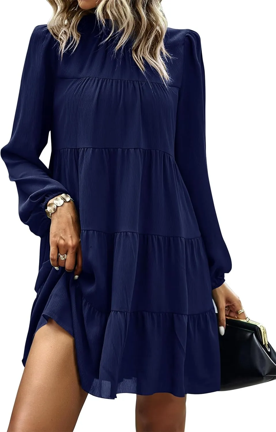 KIRUNDO Women Spring Long Sleeve Ruffle Mock Neck Tiered Mini Babydoll Dress 2025 Casual Summer Flowy Swing Tunic Shift Dress
