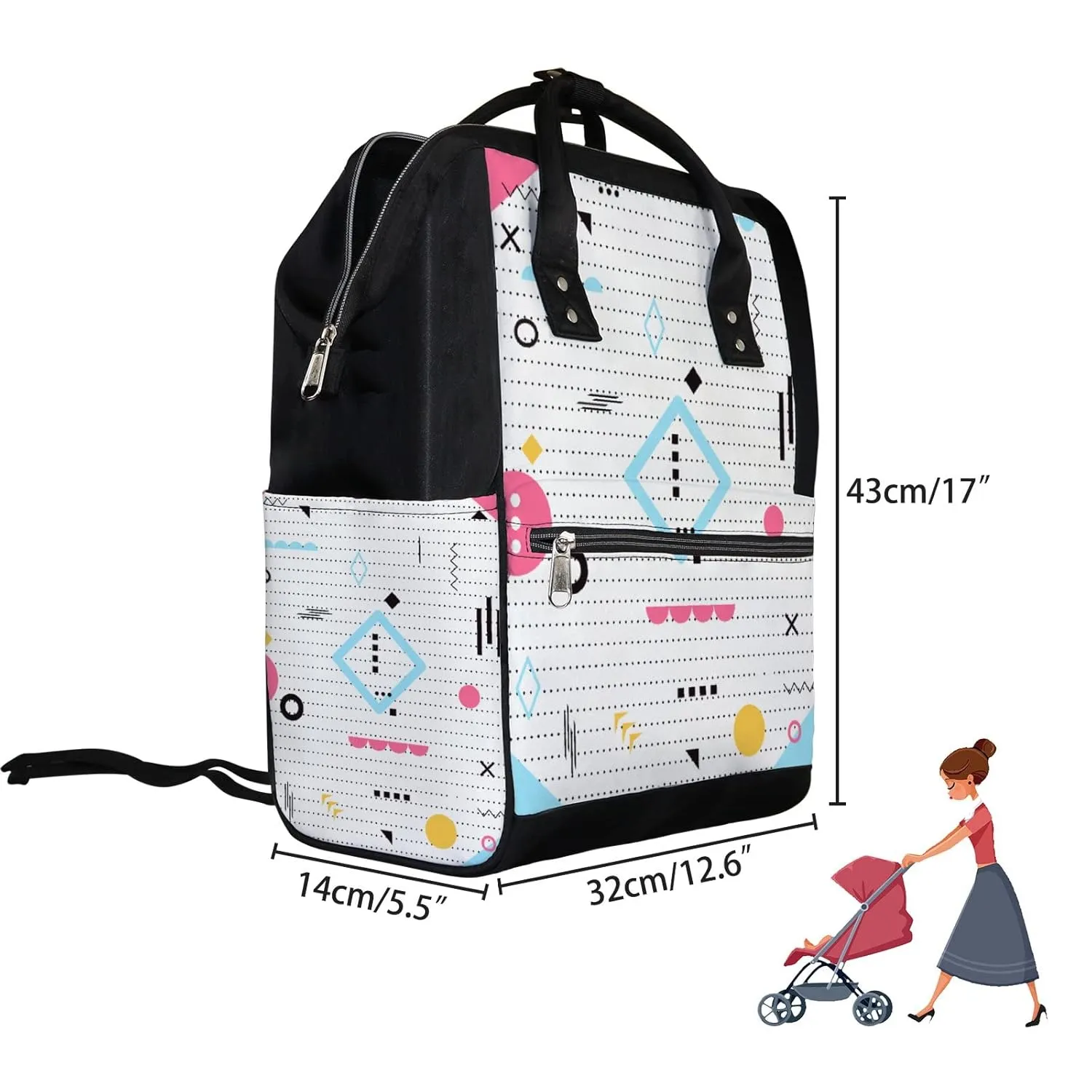 Kuizee Diaper Bag Backpack Multifunction Bag Funky Geometric Modern Art Mutispandex Big Capacity Casual Daypack Mummy Bag Maternity Bag 17 Inch