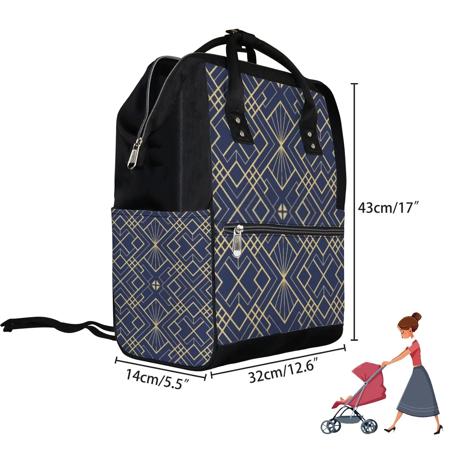 Kuizee Diaper Bag Backpack Multifunction Bag Luxury Modern Geometric Golden Line Mutispandex Big Capacity Casual Daypack Mummy Bag Maternity Bag 17 Inch