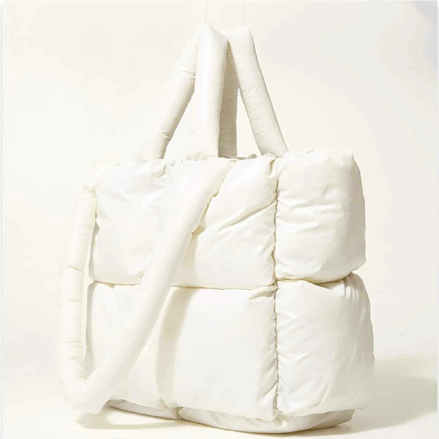 Ladies Large Quilted Tote Bag Winter Soft Quilted Shoulder Bag Down Shoulder Bags Ladies Handbag Small (White, One Size)