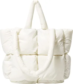 Ladies Large Quilted Tote Bag Winter Soft Quilted Shoulder Bag Down Shoulder Bags Ladies Handbag Small (White, One Size)