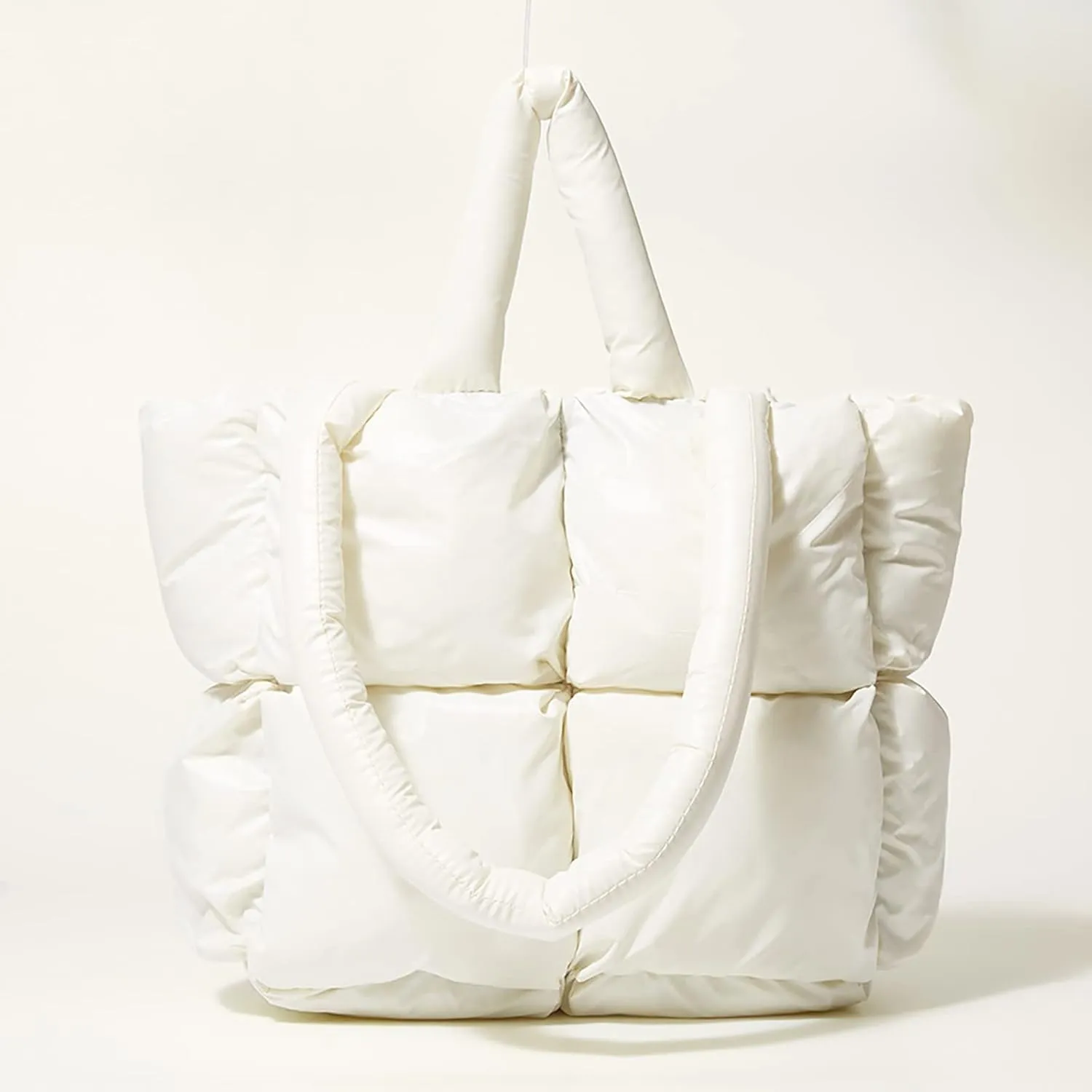 Ladies Large Quilted Tote Bag Winter Soft Quilted Shoulder Bag Down Shoulder Bags Ladies Handbag Small (White, One Size)
