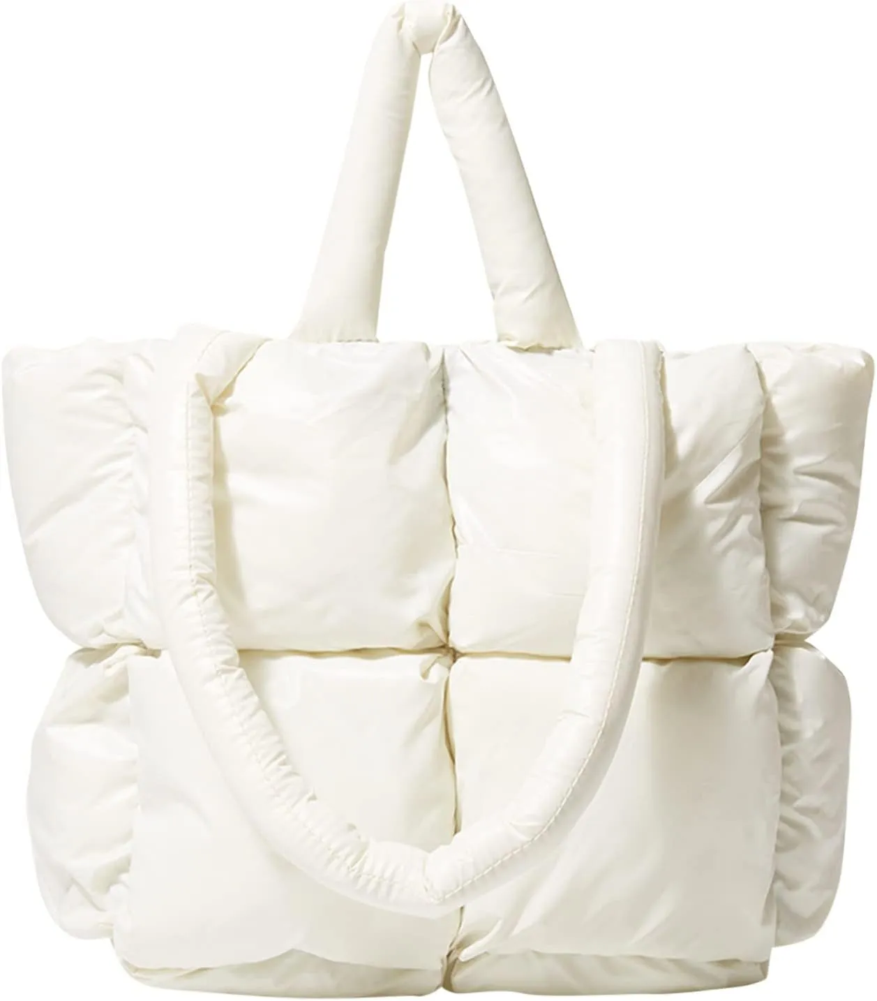 Ladies Large Quilted Tote Bag Winter Soft Quilted Shoulder Bag Down Shoulder Bags Ladies Handbag Small (White, One Size)