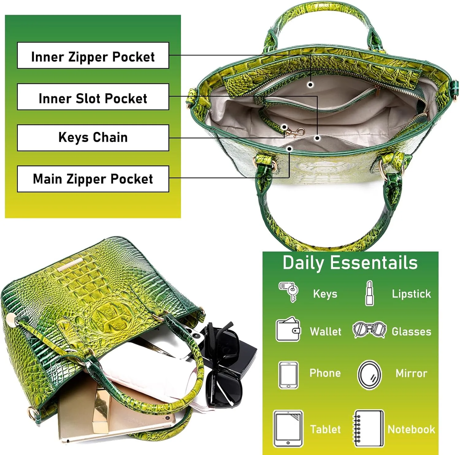 Ladies Tote Leather Bags for Women Crocodile Embossed Zipper Satchel Purse Elegant Compartments Crossbody Work