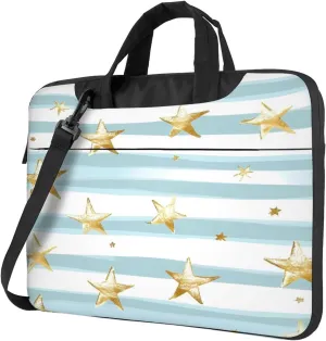 Laptop Bag Case Golden Stars Light Blue Stripes Computer Messenger Shoulder Bag Laptop Sleeve Briefcase