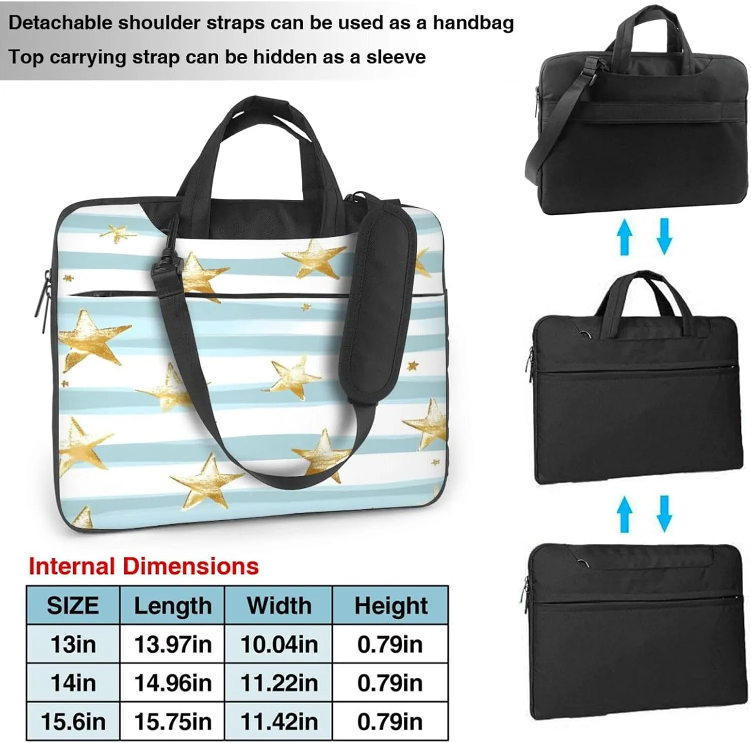 Laptop Bag Case Golden Stars Light Blue Stripes Computer Messenger Shoulder Bag Laptop Sleeve Briefcase