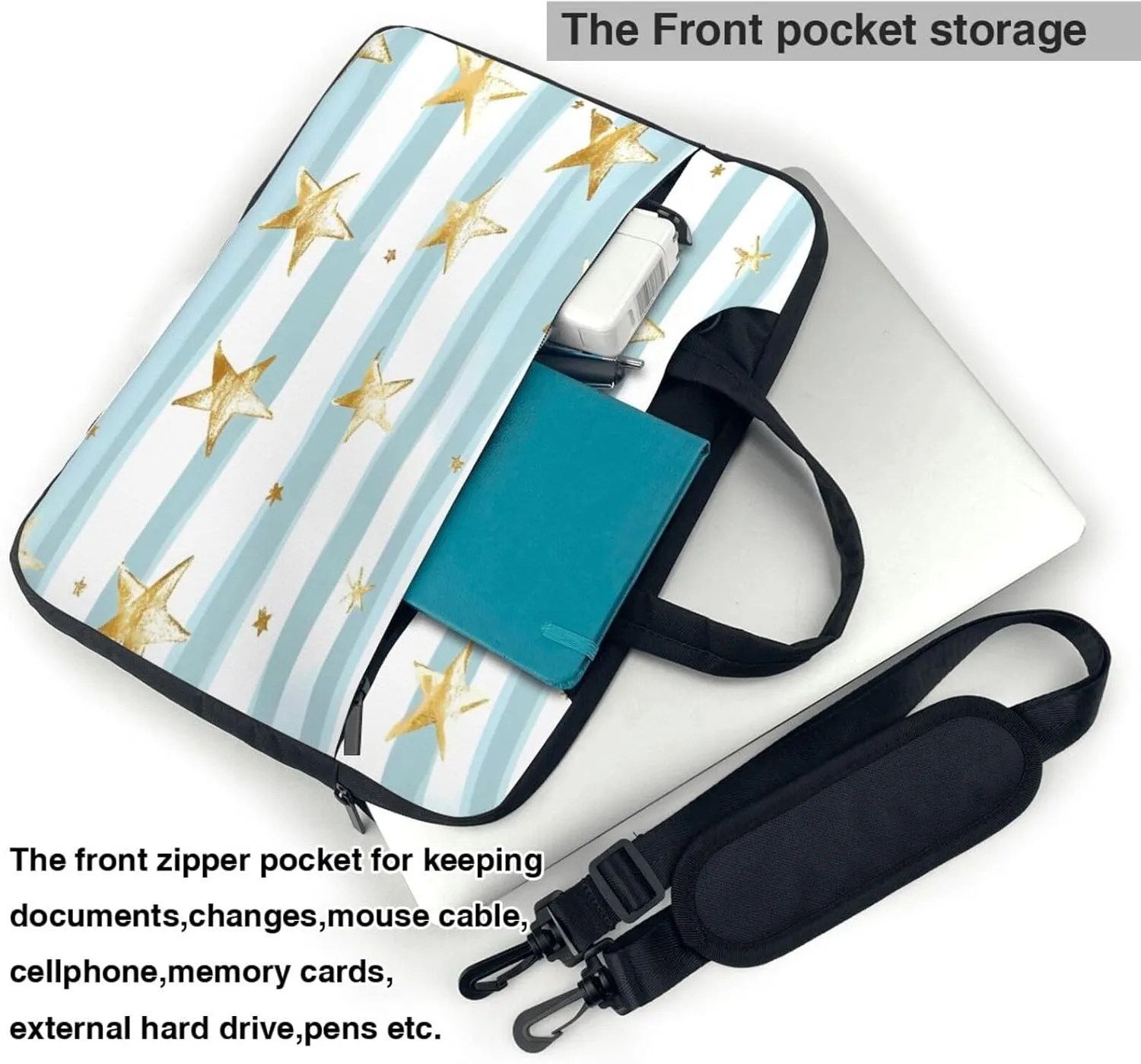 Laptop Bag Case Golden Stars Light Blue Stripes Computer Messenger Shoulder Bag Laptop Sleeve Briefcase