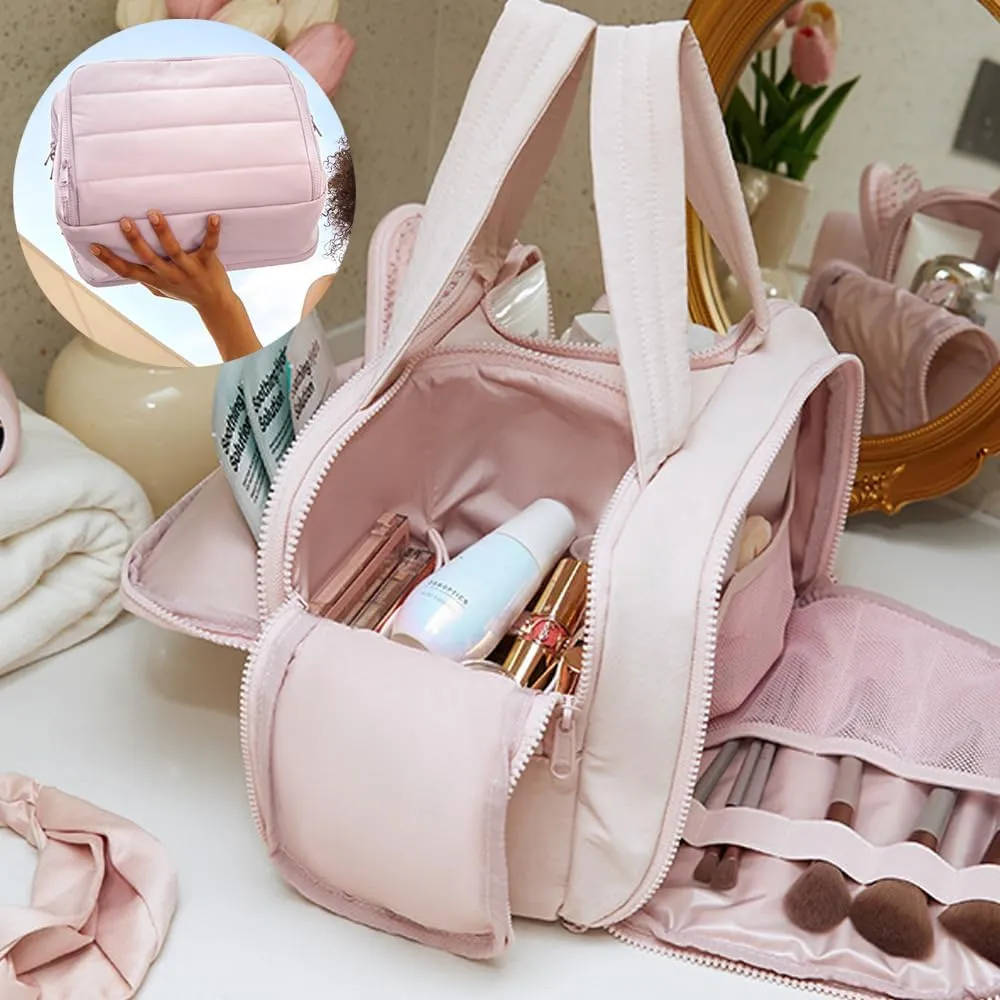 Large Capacity Wide-Open Travel Cosmetic Bag,Humidity Travel Cosmetic Bag,Cureeway Large Capacity TravelCosmetic Bags,4-In-1 Multi-Functional Toiletry Bag,Dry-And-Wet Separation (PINK)