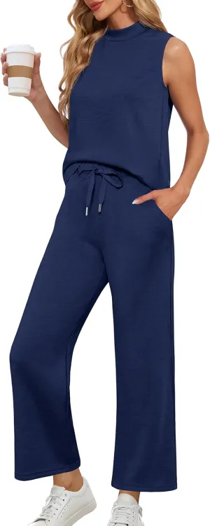 Lepunuo Two Piece Sets for Women Summer Mock Neck Sleeveless Top Wide Leg Pants Lounge Sets Vacation Travel Outfits