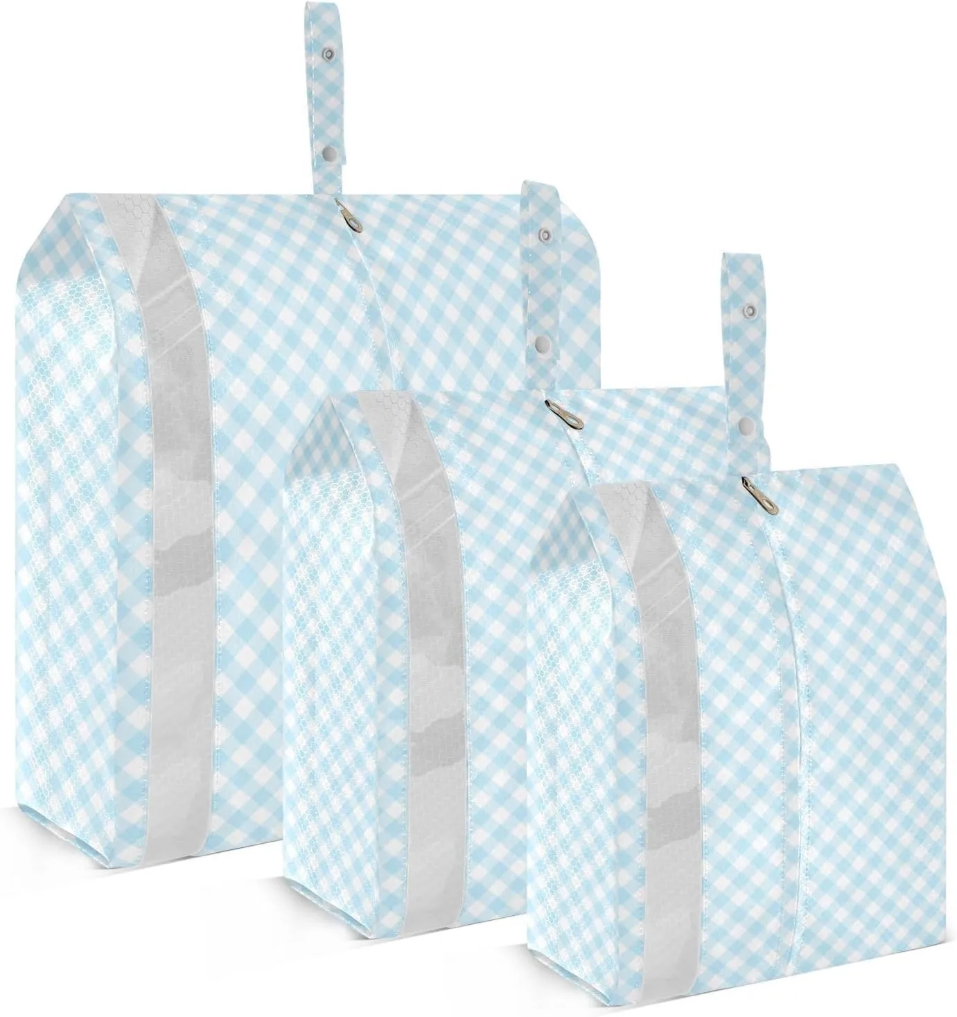Light Blue Checked Packing Cubes Set of 3, Lightweight Travel Luggage Organizers Foldable Bags for Easy Packing and Organization