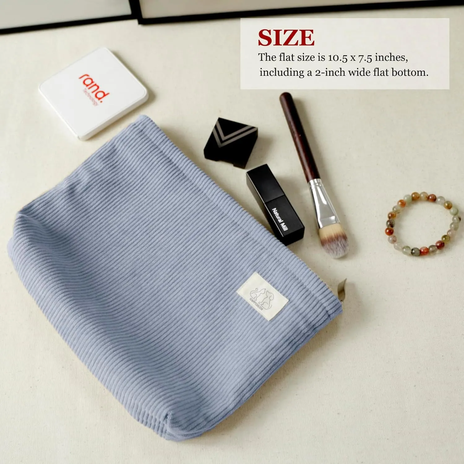 Light Blue Corduroy Makeup Bag Cosmetic Toiletry Travel Pouch, Make Up Accessory Purse Organizer, Canvas Lined