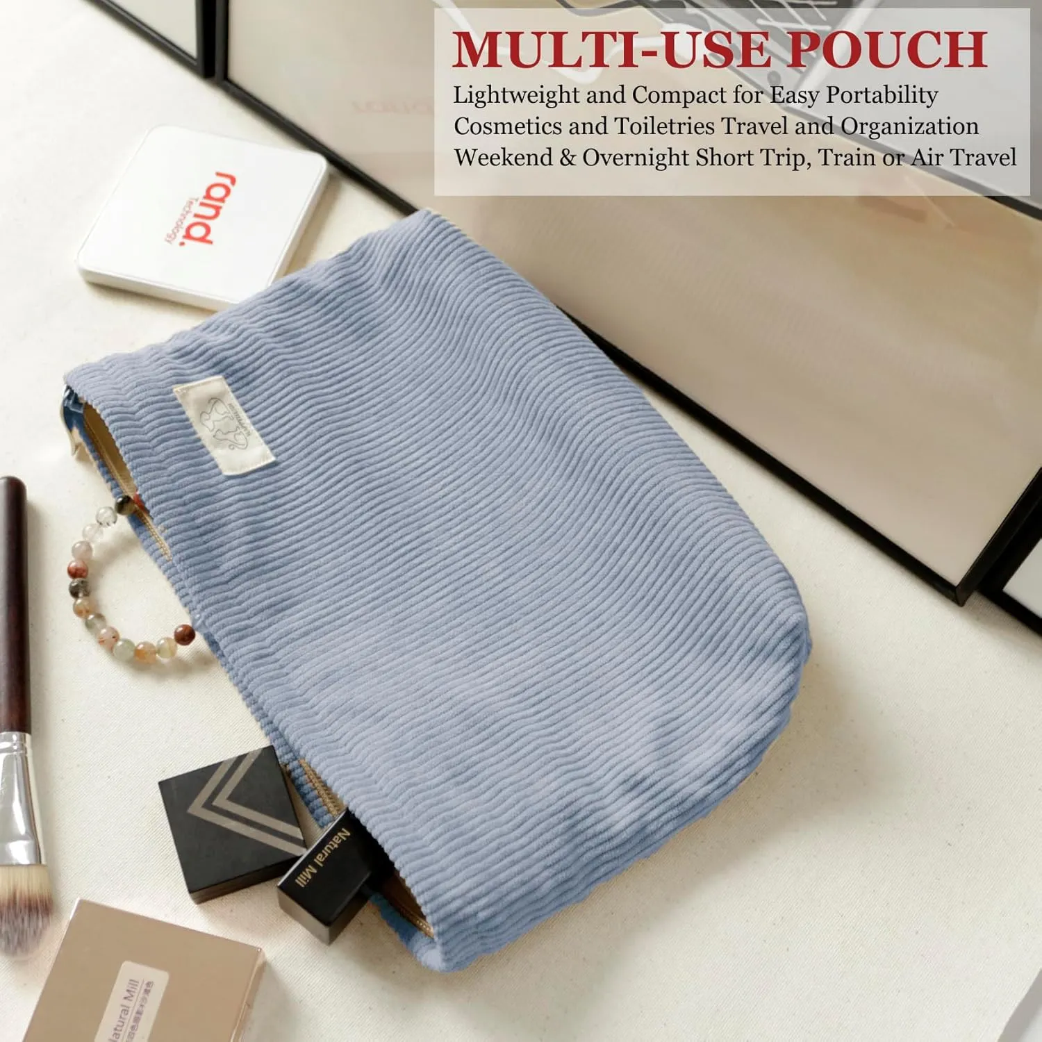 Light Blue Corduroy Makeup Bag Cosmetic Toiletry Travel Pouch, Make Up Accessory Purse Organizer, Canvas Lined