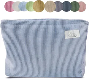 Light Blue Corduroy Makeup Bag Cosmetic Toiletry Travel Pouch, Make Up Accessory Purse Organizer, Canvas Lined